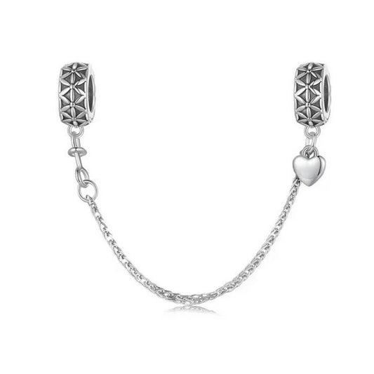 S925 Sterling Silver Vintage Flower Heart Safety Chain Charm - AVILIA Designs