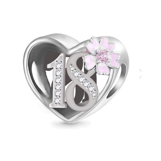 S925 Sterling Silver 18th Birthday Pink Flower Heart Charm  - AVILIA Designs