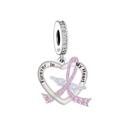S925 Sterling Silver Cancer Ribbon Forever in My Heart Charm Pendant - AVILIA Designs