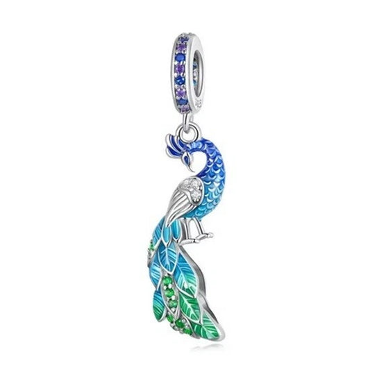 S925 Sterling Silver Colourful Peacock Bird CZ Charm Pendant by YOUnique Designs