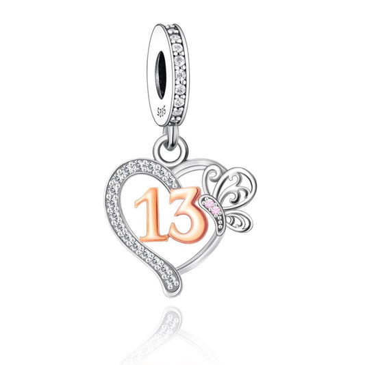S925 Silver & Rose Gold Sparkling Butterfly 13th Birthday Heart Pendant - AVILIA Designs