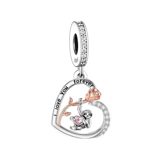 S925 Silver & Rose Gold Sloth in Open Heart I Love You Charm Pendant - AVILIA Designs