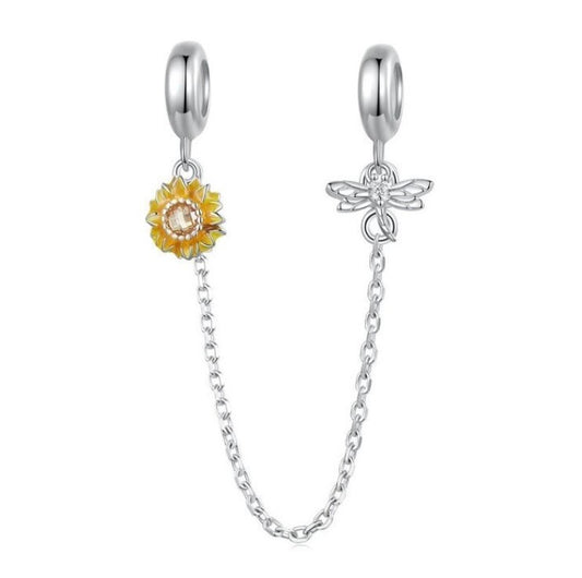 S925 Sterling Silver Sunflower Dragonfly Garden Safety Chain  - AVILIA Designs