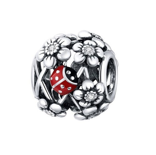 SOLID Sterling Silver Floral Ladybird Garden Round Charm - AVILIA Designs