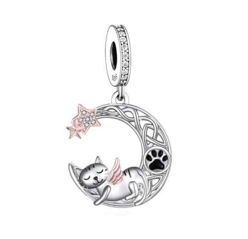 S925 Silver & Rose Gold Guardian Angel Cat on Moon Charm Pendant - AVILIA Designs