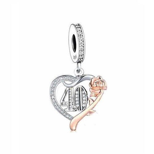 S925 Silver & Rose Gold Sparkling 40th Birthday & Rose Charm Pendant - AVILIA Designs