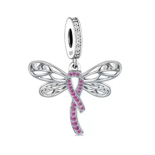 SOLID Sterling Silver Dragonfly Hope Breast Cancer Ribbon Charm Pendant - AVILIA Designs