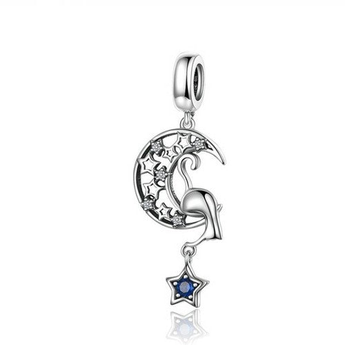 SOLID Sterling Silver Hanging Cat on the Moon Pendant Charm  - AVILIA Designs
