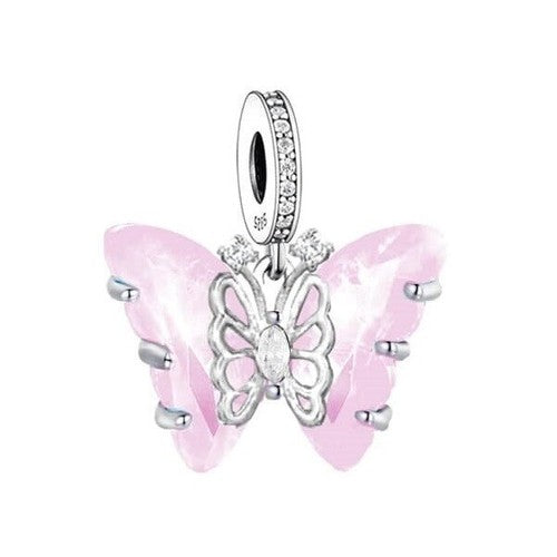 S925 Sterling Silver Hanging PINK Butterfly Lace Charm  - AVILIA Designs