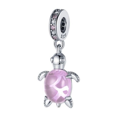 SOLID Sterling Silver Hanging PINK Glass Sea Turtle Charm Pendant - AVILIA Designs