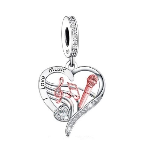 S925 Silver & Rose Gold I Love Music Hanging Heart Charm Pendant  - AVILIA Designs