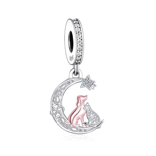 S925 Silver & Rose Gold Dog and Cat on Vintage Moon Charm Pendant  - AVILIA Designs