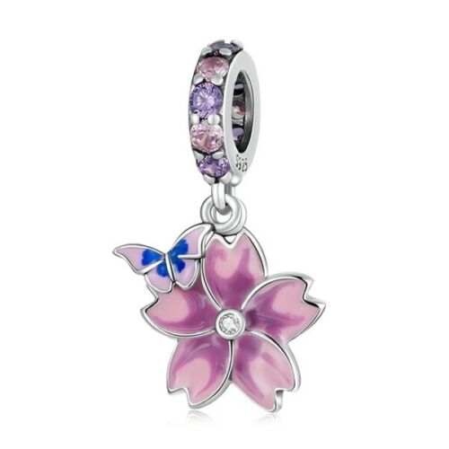 SOLID Sterling Silver Hibiscus Pink Flower & Butterfly Charm Pendant - AVILIA Designs