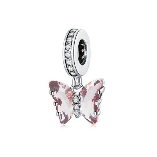 SOLID Sterling Silver PINK Hanging Butterfly Dream Crystal Charm Pendant - AVILIA Designs