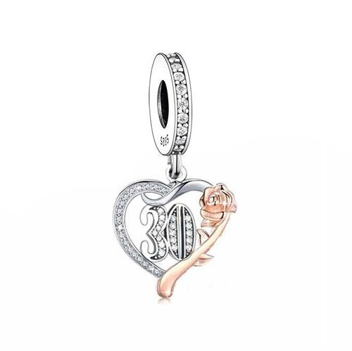 S925 Silver & Rose Gold Sparkling 30th Birthday & Rose Charm Pendant - AVILIA Designs