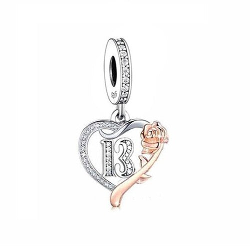 S925 Silver & Rose Gold Sparkling 13th Birthday & Rose Charm Pendant  - AVILIA Designs