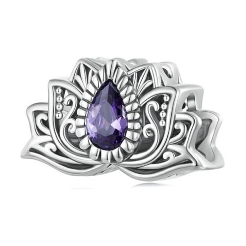 SOLID Sterling Silver Vintage Floral Lotus Purple CZ Charm  - AVILIA Designs