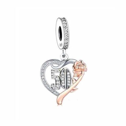S925 Silver & Rose Gold Sparkling 50th Birthday & Rose Charm Pendant  - AVILIA Designs