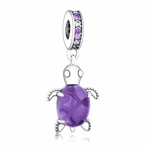 SOLID Sterling Silver Hanging PURPLE Glass Sea Turtle Charm Pendant  - AVILIA Designs
