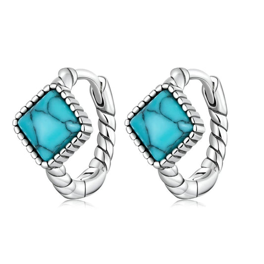 SOLID Sterling Silver Natural Turquoise Rope Hoop Earrings  - AVILIA Designs