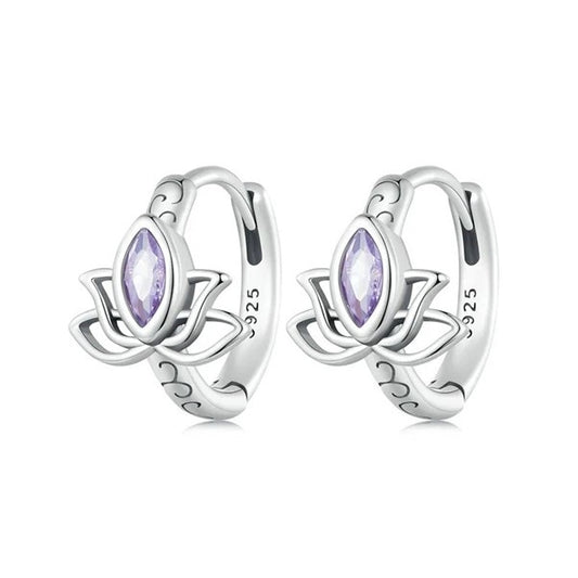 SOLID Sterling Silver Lotus flower Hoop Purple CZ Earrings  - AVILIA Designs