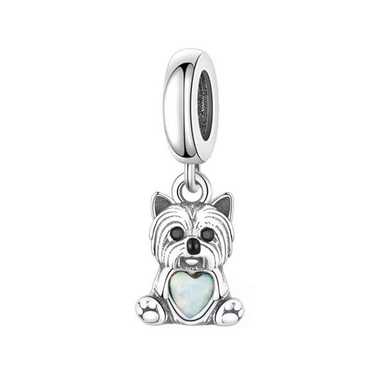 S925 Sterling Silver Yorkshire Terrier Dog Puppy Opal Heart Charm Pendant - AVILIA Designs