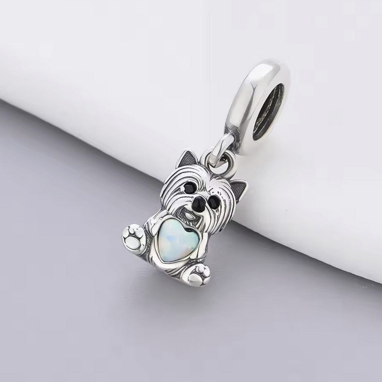 S925 Sterling Silver Yorkshire Terrier Dog Puppy Opal Heart Charm Pendant - AVILIA Designs
