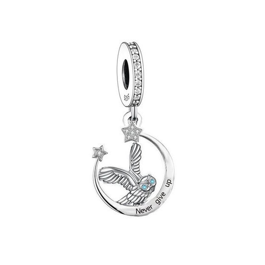 SOLID Sterling Silver Never Give Up Night Owl Moon Charm Pendant - AVILIA Designs
